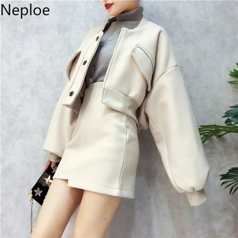 

Neploe Fashion Suit 2019 Bat Sleeve Wool Short Jacket High Waist Irregular Skirt Small Fragrance Style2 Pcs Women Set Fall 46727