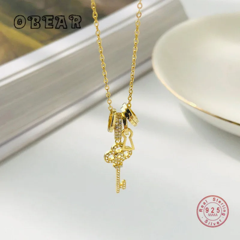 OBEAR 100% 925 Sterling Silver Round Circles Key Gold Color Necklaces Pendants for Women Cubic Zirconia Long Fashion Necklace | Украшения и