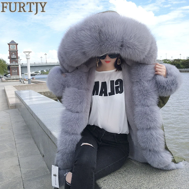 FURTJY, пальто с натуральным мехом, зимняя куртка, Женское пальто, Воротник из натурального Лисьего меха, свободная длинная парка, уличная одежда, новая корейская мода