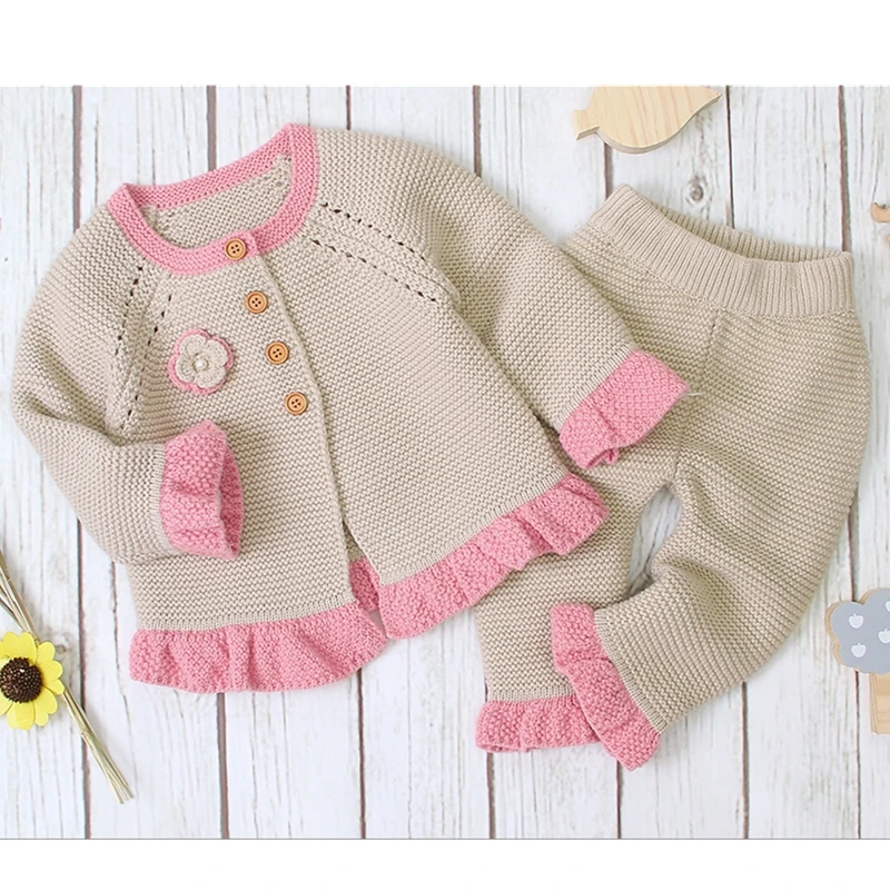 PUDCOCO/осенне-зимняя трикотажная одежда для маленьких девочек; милая вязаная куртка с цветочным рисунком+ брюки; одежда для малышей; костюмы - Цвет: C