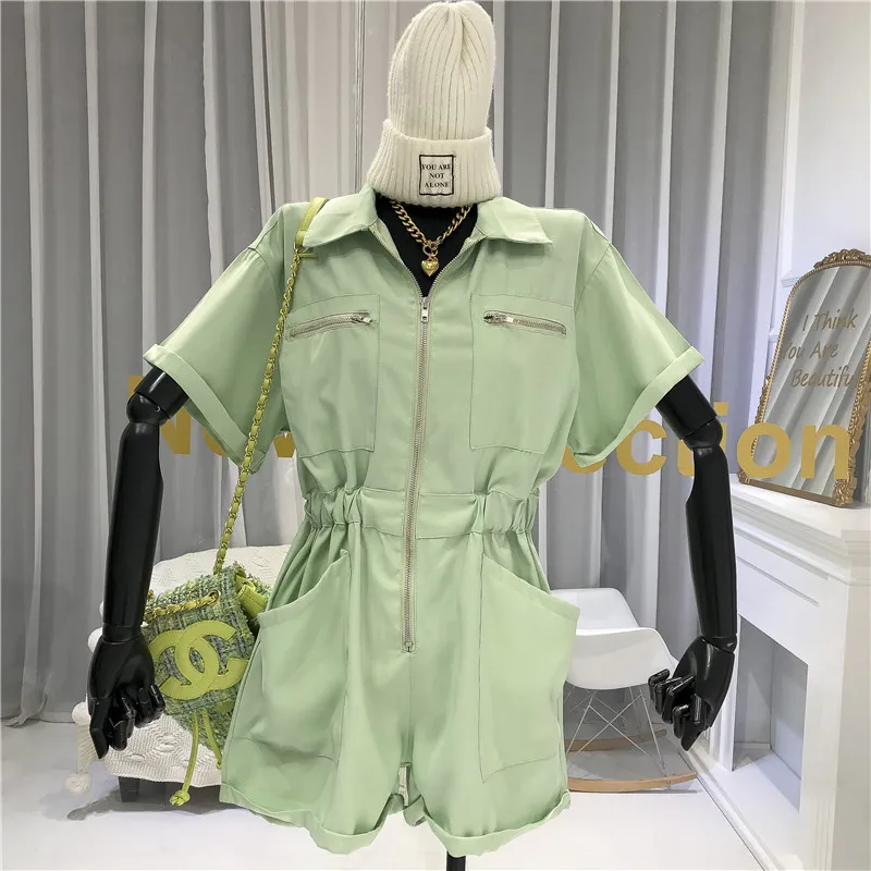 ALPHALMODA New Fashion Safari Jumpsuits Women 2020 Summer New Multi-Pocket Zipper Stretchy Waist Slim Solid Playsuits