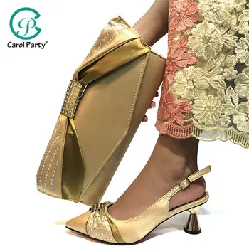 

New Arrival Gold Color African Women Matching Italian Shoes and Bag Set Decorated with Rhinestone Italian Ladies Shoe and Bag