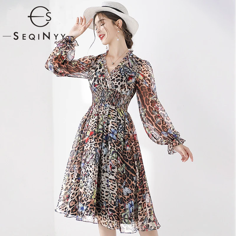 

SEQINYY Chiffon Dress 2020 Summer Spring New Fashion Design Long Lantern Sleeve Butterfly Leopard Printed Knee Dress Women