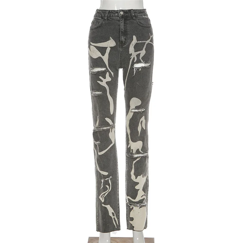 Hollow Out Pant Denim Printed Straight 
