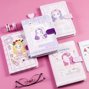 

Cute Girl 128 Sheets B6 Notebook Diary Colorful Inner Page Travelers Journal PU Cover Notepad for Handbook Office Daily Planner