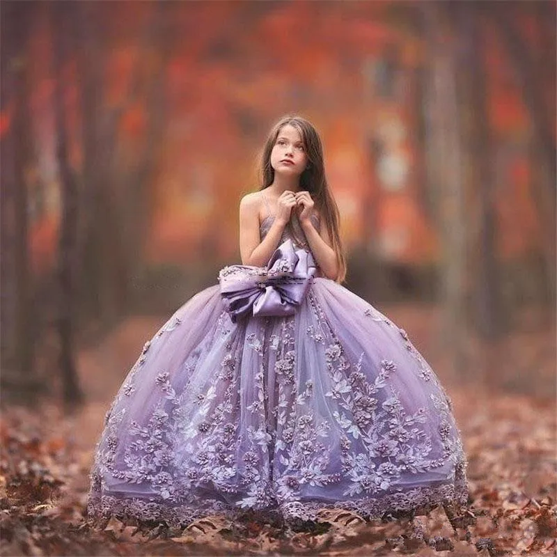 

Custom Ball Gown Puffy Tulle Flower Girl Dress for Weddings with Bow Corset Lace Applique Beads Pageant Gown Size 2-16Y