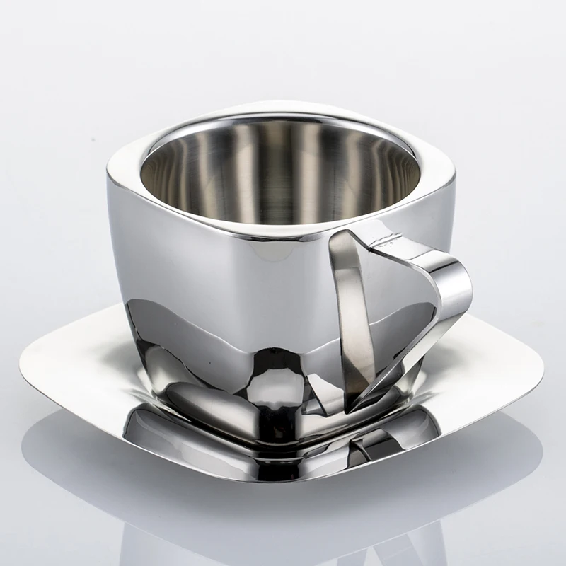 

Stainless Steel Double Walled Espresso Cups and Saucers, 3 Capacity Coffee Cups to Choose for Latte & Cappuccino & Espresso