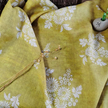 

High quality yellow ramie fabric White flower printing material High grade robe dress cheongsam shirt coat pacthwork