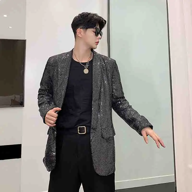 Тонкий корейский DJ ночной клуб Новый мужской блестящий пиджак с блестками ins