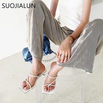 

SUOJIALUN 2020 Brand Summer Slipper New Women Medium Square High Heels Slides Narrow Band Sweet Female Open Toe Vacation Sandal