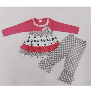 

Baby girls pink color arrow print polka dots ruffle pants flower belt tunic kids toddler clothing outfits sets