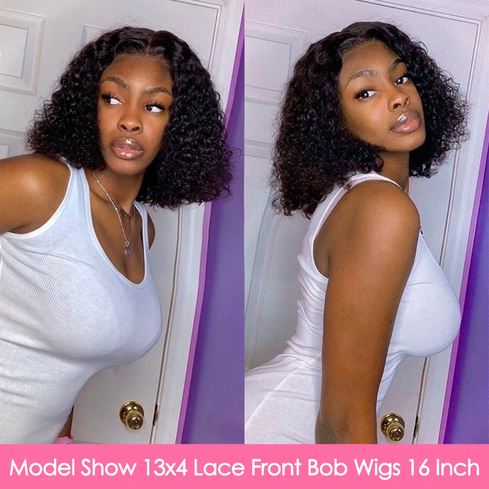 Aircabin Kinky Curly Human Hair Short Bob Wigs Pre Plucked Indian Hair T Part Lace Curly Bob Human Wigs For Women