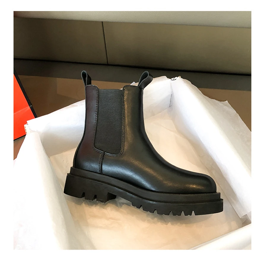 HMXO Leather Martin Boots Women's Chimney Handsome British Style Mid-tube Women Boots Thick-soled Female Chelsea Short Boots