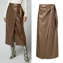 Women's PU Leather Vestidos ZANZEA 2020 Stylish Button Skirts High Waist Split Lace-Up Midi Skirts Female Solid Robe Oversized