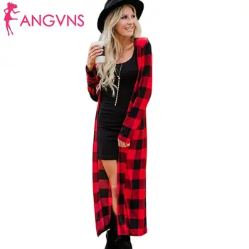 

Women Fashion Casual V Neck Long White, Red Sleeve Plaid Long Summer Causal Cardigan