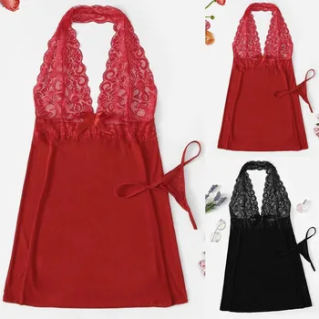 

Women Plus Size V-Neck Backless Halter Nightdress Lingerie Set Underwear S-3XL camisola sexy Seksi Bayan Gecelikler Pijama Mujer
