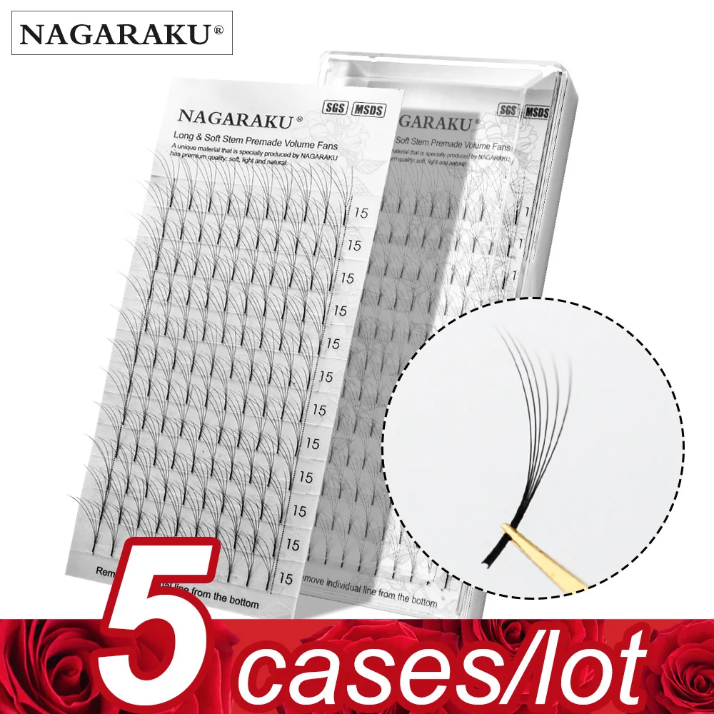 

NAGARAKU 5 trays Eyelash Extensions Long stem Premade Volume Fans 3d/4d/5d/6d Lash Russian Volume Pre made Fans Soft Light