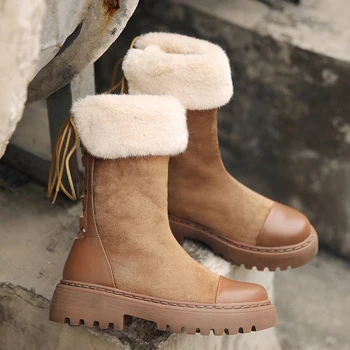 

2020 Winter Chunky Snow Boots Women Suede Leather Warm Plush Platform Ankle Boots Fur Lace UP Fashion Ladies Booties Botas Mujer