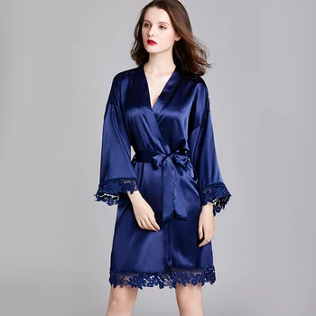 

Silky Female Satin Nightgown Bride Wedding Robe Sexy Lace Patchwork Intimate Lingerie Kimono Gown Navy Blue Home Clothes