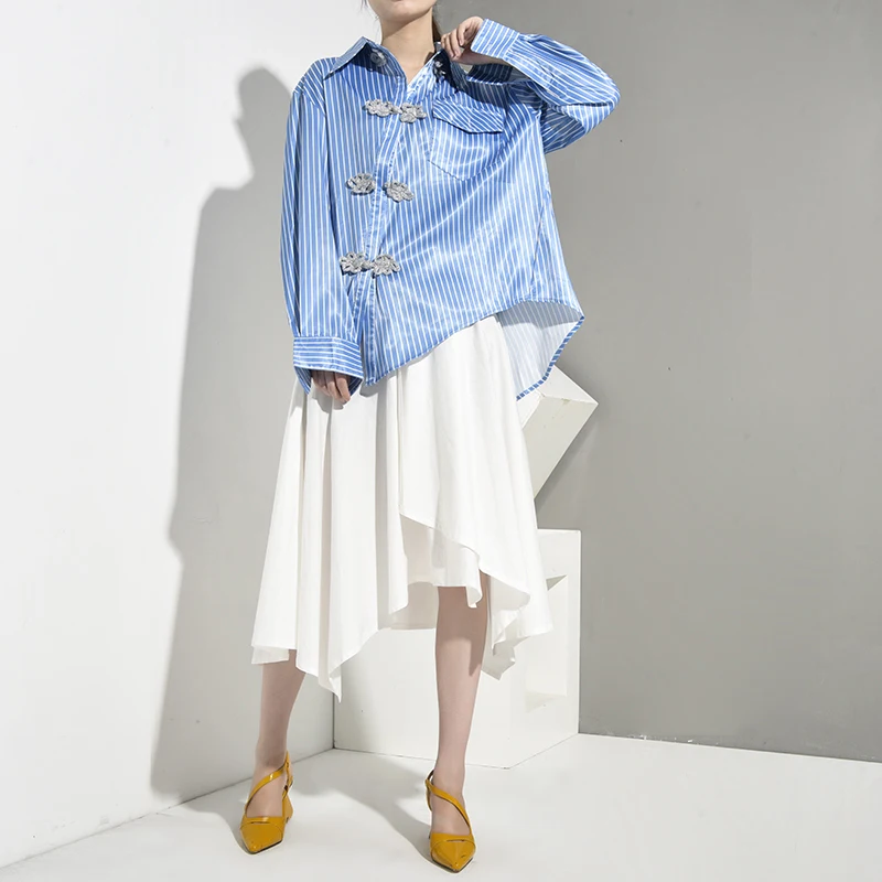 [EAM] женская синяя Асимметричная блузка в полоску, новая свободная рубашка с отворотом и длинным рукавом, модная весенняя Осенняя JT2030