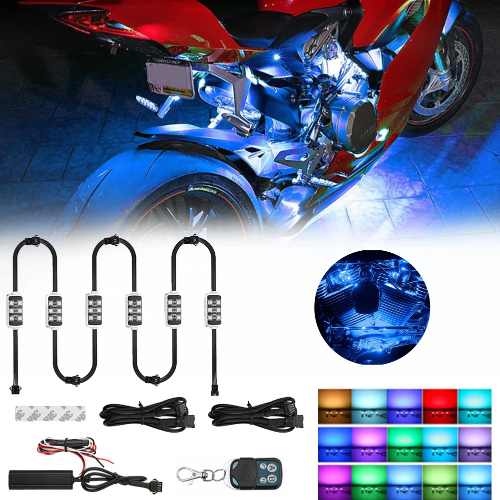 

6pcs Motorcycle LED Neon Strip Lamp RGB Moto Atmosphere Light Strip Lamp Kit 36LEDs Car Decorative Light Strip
