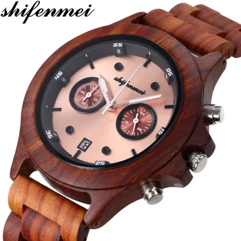 

Shifenmei Wooden Mens Watches Brand Luxury Military Quartz Watch Business Wristwatch Chronograph Date Dispaly Clock Male Gifts