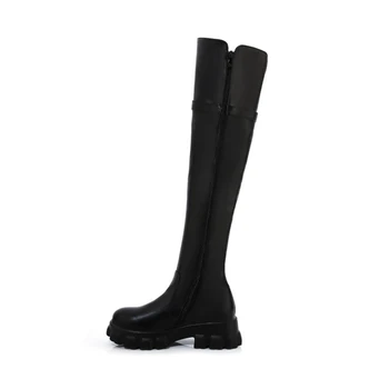 

SIMLOVEYO Autumn Motorcycle Over-the-Knee boots Round toe Height Increasing PU Zipper Metal Big size 33-46 Black Party B2050