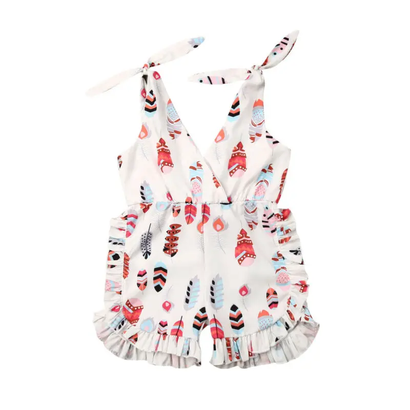 

Dropshiping 6M-5Y Toddler Kid Baby Girls V neck Jumpsuit Feather Print Sleeveless Rompers Playsuit Summer Baby Girls Clothes