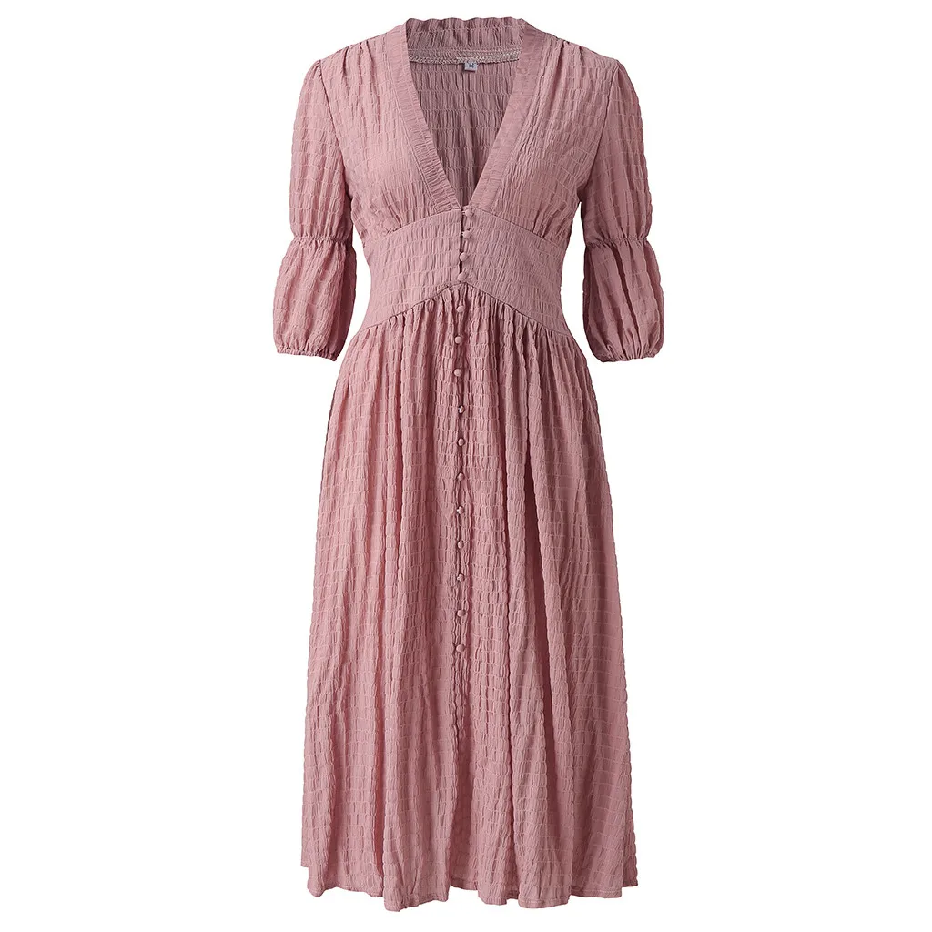 

Long T-shirt Dresses Women Summer Sashes Waist Slit Casual V-neck Short Sleeve Loose Ankle-length Dress Woman Pink Cotton#G30