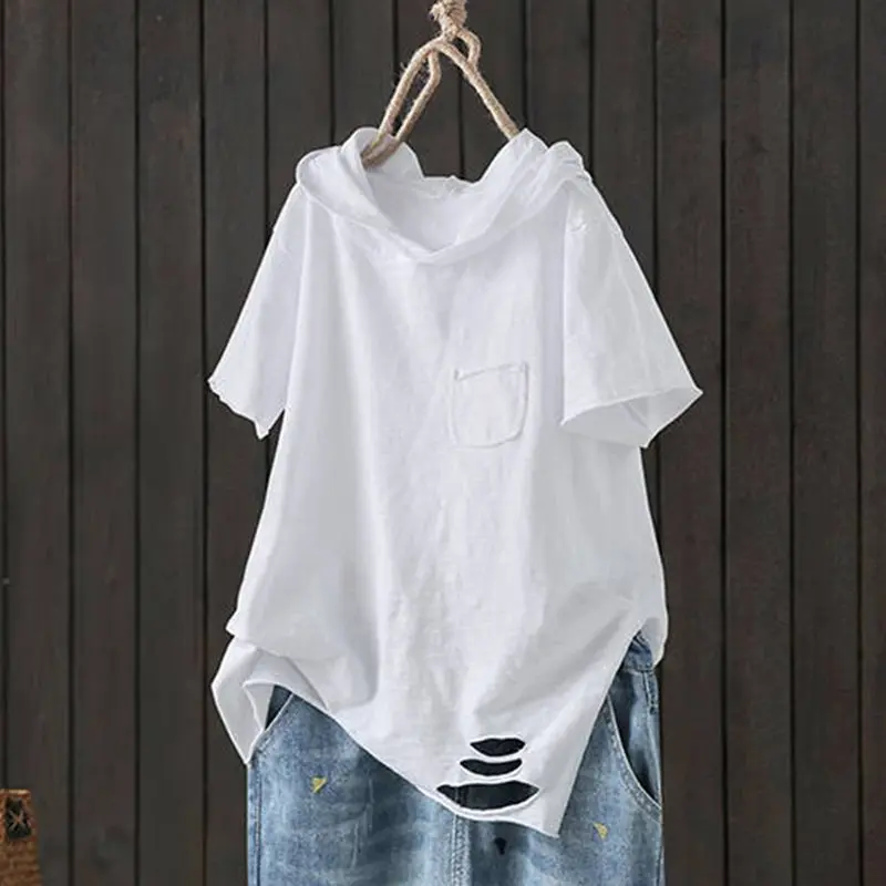 

Women T-Shirt Highstreet Black White Solid Pullovers Tee 2019 Japan Korea Summer Casual Lady Loose Holes Tshirt Round Neck Top