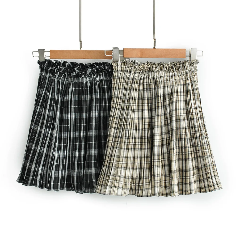 

2019 Spring Europe And America Elastic Waist Pleated Frilled Skirt GIRL'S Plaid Skirt A- line Short Skirt 9127