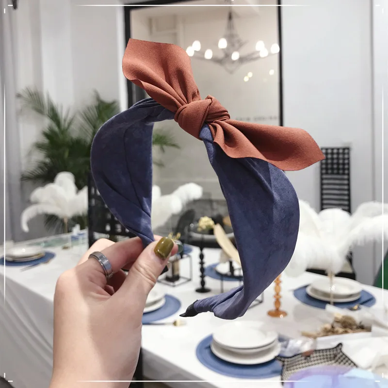 blue purple Модная повязка на голову с бантами, новинка, простой темперамент, обруч для волос, аксессуары для волос, корейский однотонный цвет, замша, широкая сторона, резинки для волос для женщин - Цвет: blue purple