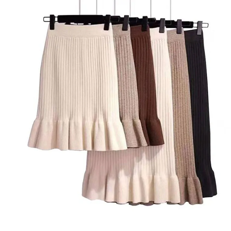 

Elastic High Waist Women Skirts 2020 Autumn Winter Warm Elegant Ladies Fishtail Knitted Skirt Ribbed Midi-Long Party Skirt