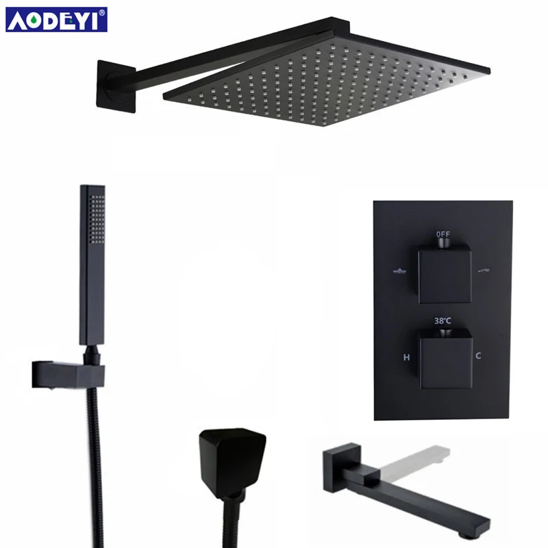Black Brass Thermostatic Faucets Bathroom Faucet Set Thermostatic Mix Valve With 8/10/12 Inch Rainfull Shower Head 3 ways