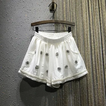 

Europe Heavy Rhinestone Beads Wide Leg Shorts 2020 Spring Summer New Women's Elastic Waist Casual Hemp Shorts Ladies Shorts