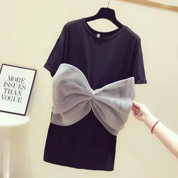 

2020 spring and summer new back large bow loose short-sleeved long casual t-shirt black long style women shirts