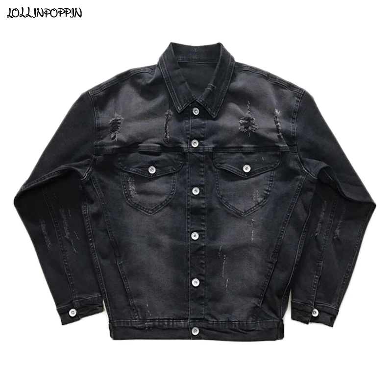 

Streetwear Mens Ripped Black Denim Jacket Oversize Jean Jackets Bleached Washed Hip Hop Men Distressed Denim Coat Chest Pockets