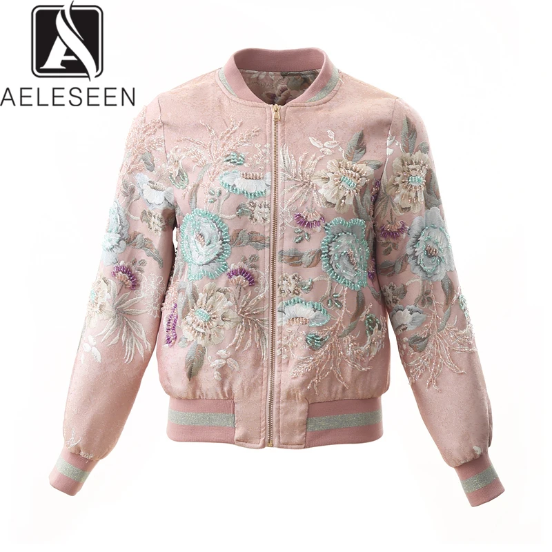 

AELESEEN 2020 Spring Vintage Floral Jacket Women Runway Design Luxury Crystal Elegant Embroidery Pink Blue European Casual Coat