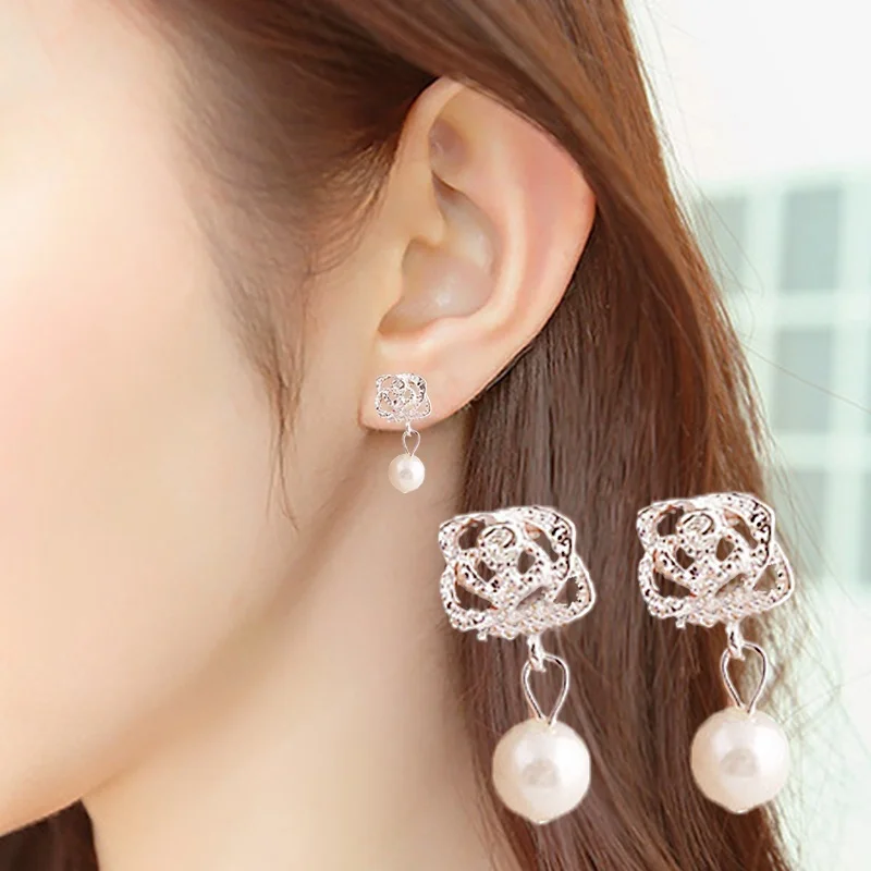 

1Pair New Rhinestone Women Imitation Pearl Earrings Ear Hollow Rose Pendant Studs Earrings Cute Jewelry Gifts