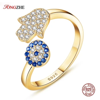 

TONGZHE 925 Sterling Silver Evil Eye Blue Eye AND Hamsa Hand Fatima Adjustable Female Rings Open Size Ring Wedding Jewelry 2019