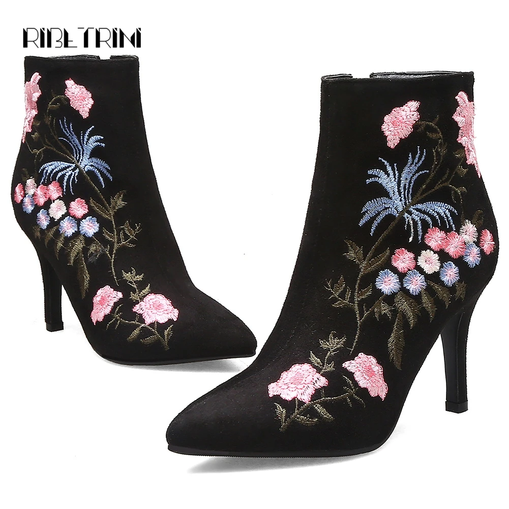 

RIBETRINI Shoes Woman Elegant Ehthnic Embroidery Ankle Boots Women Thin Hegh Heels Pointed Toe Female Boots Size 33-43