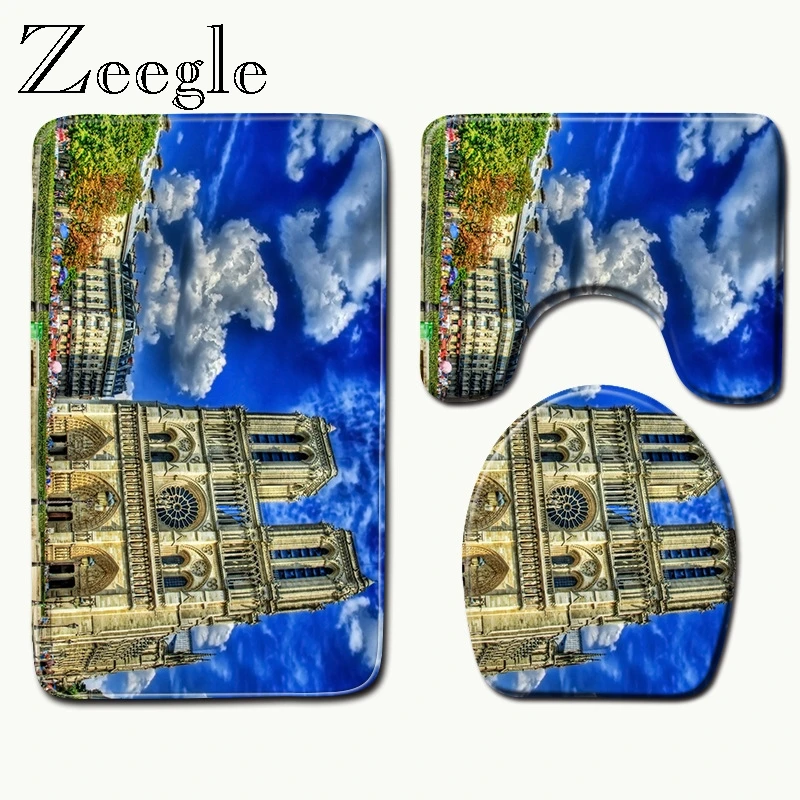 Zeegle коврик для душа коврик для ванной с памятью 3 шт. напольный коврик для туалета коврик для ванной комнаты и коврик набор Нотр-Дам де Пари с принтом ковер для душа