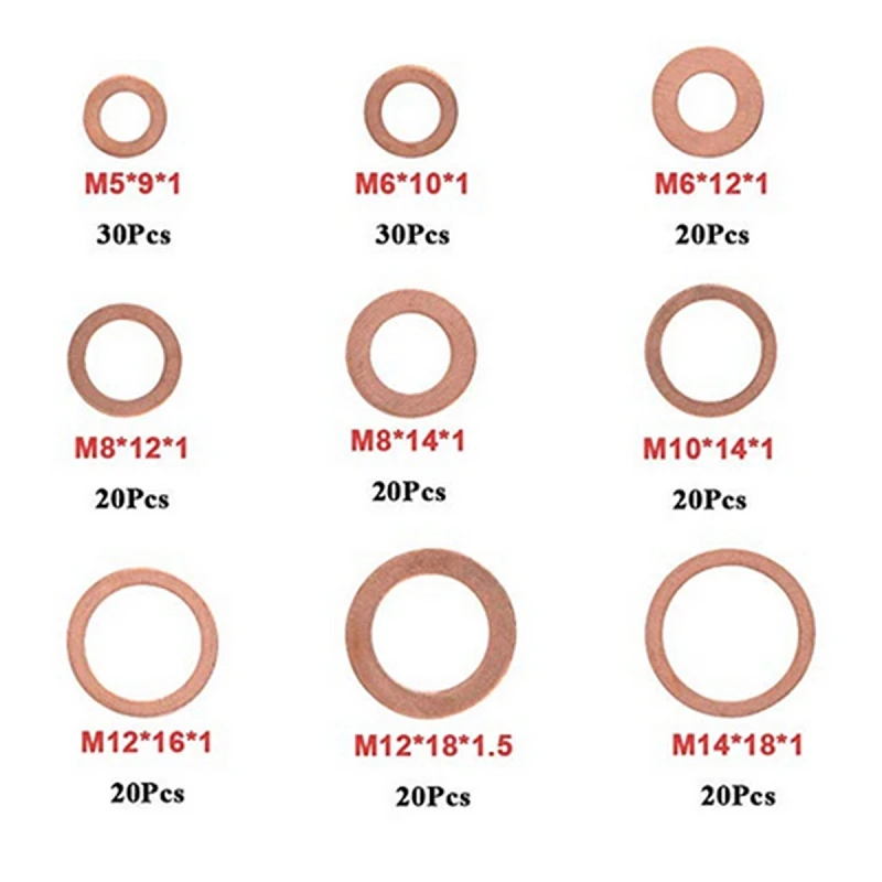 M5-M14 Copper Washer Gasket Set Flat RingSeal Hardware Assortment 200pcs P3I3 
