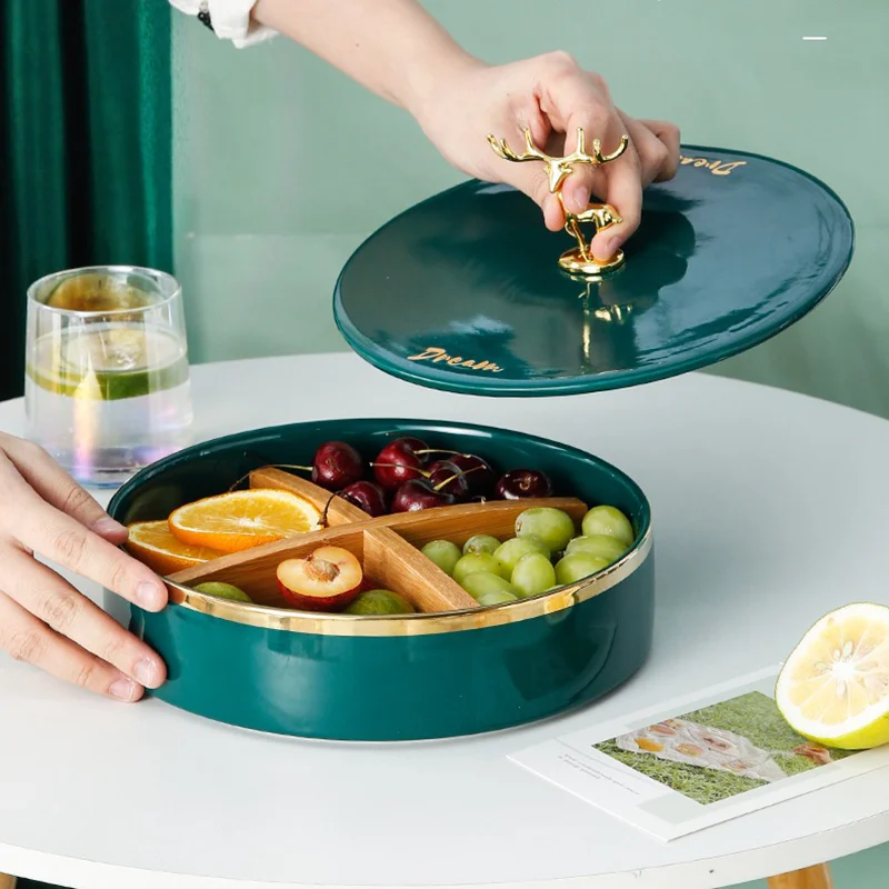 US $60.47 Ceramic Fruit Tray With Stand Luxury Gold Inlay Ceramic Storage Box With Lids Candy Snack Serving Plate Christmas Decoration