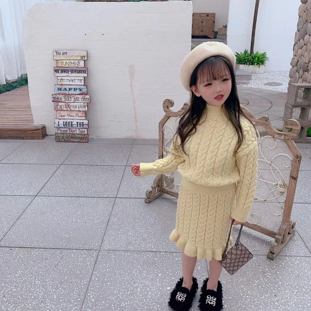 

Children's Wear 2019 Winter New Children's Set Girls Girls Sweaters Solid Color 2 Piece Pullover Skirts New sets