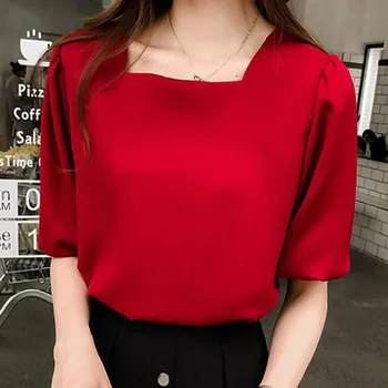 

Solid Color Chiffon Shirt Elegant Women Loose Square Collar Lantern Sleeve Blouse Female Solid Summer Shirt Dropshipping