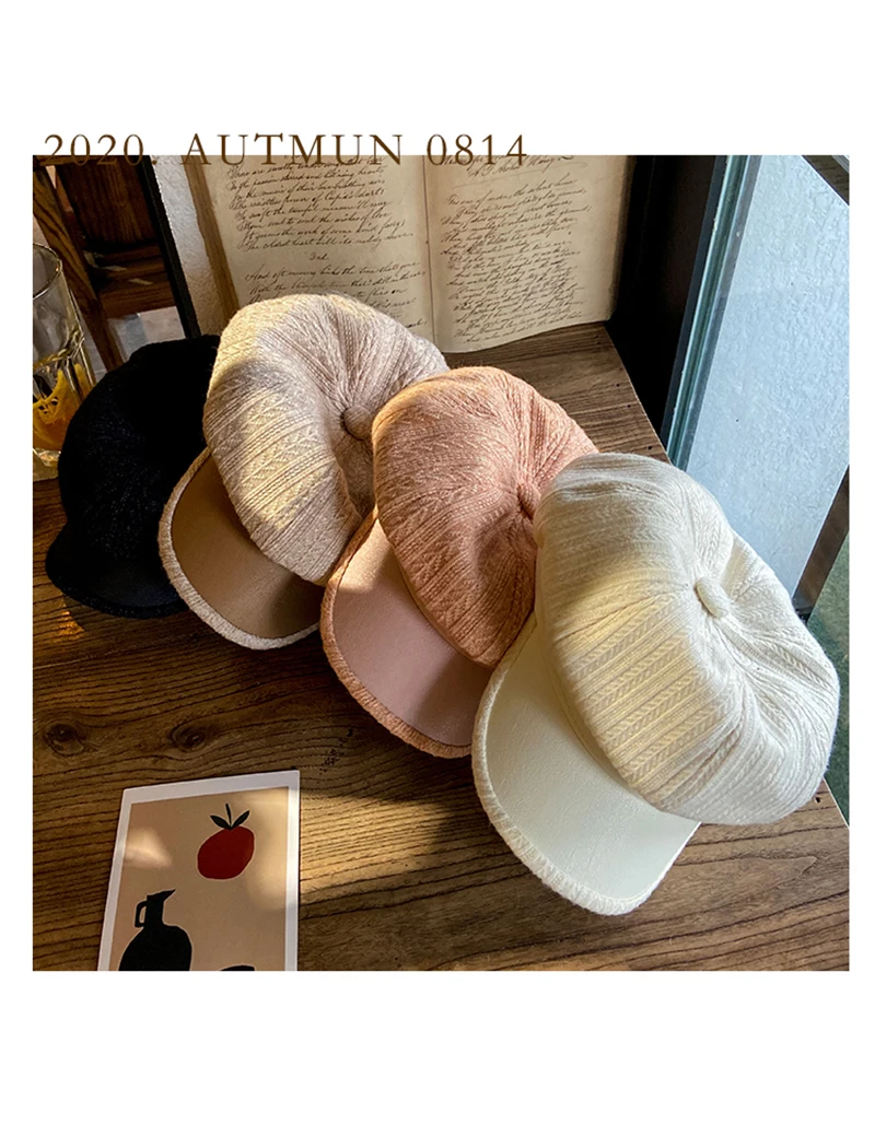 W63 Female Leather Beret Autumn And Winter Tide British Retro Letter Striped Octagonal Newsboy Painter Hat_voghion.com