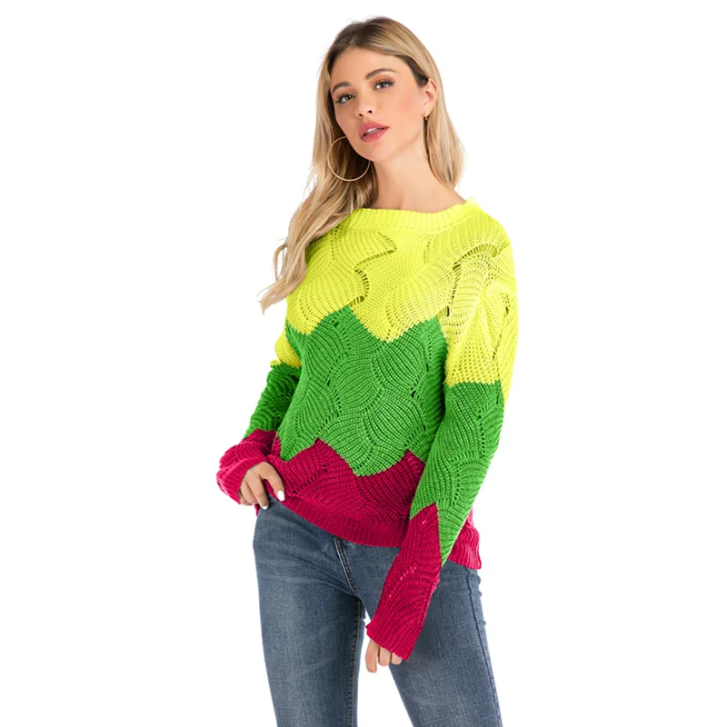 Женский свитер, вязаный пуловер, осенний зимний свитер, пэчворк, цветные свитера с длинным рукавом, круглый вырез, женский джемпер, Mit Streifen