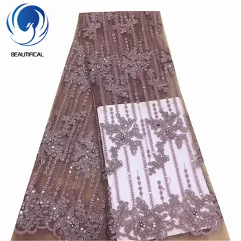 

Beautifical african lace fabrics 2019 New arrival tulle lace nigerian lace fabric with sequins and beads for dress ML1N1452