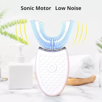 

360 Degrees U Type Automatic Electric Toothbrush High Frequency Ultrasonic Vibration Blue Light Whiten Teeth Silicone Brush Head